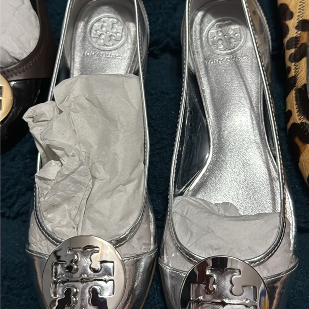 Tory Burch Silver Flats with Bow Detail